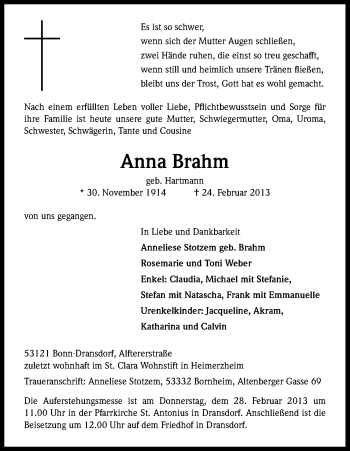 Anzeige von Anna Brahm von Kölner Stadt-Anzeiger / Kölnische Rundschau / Express