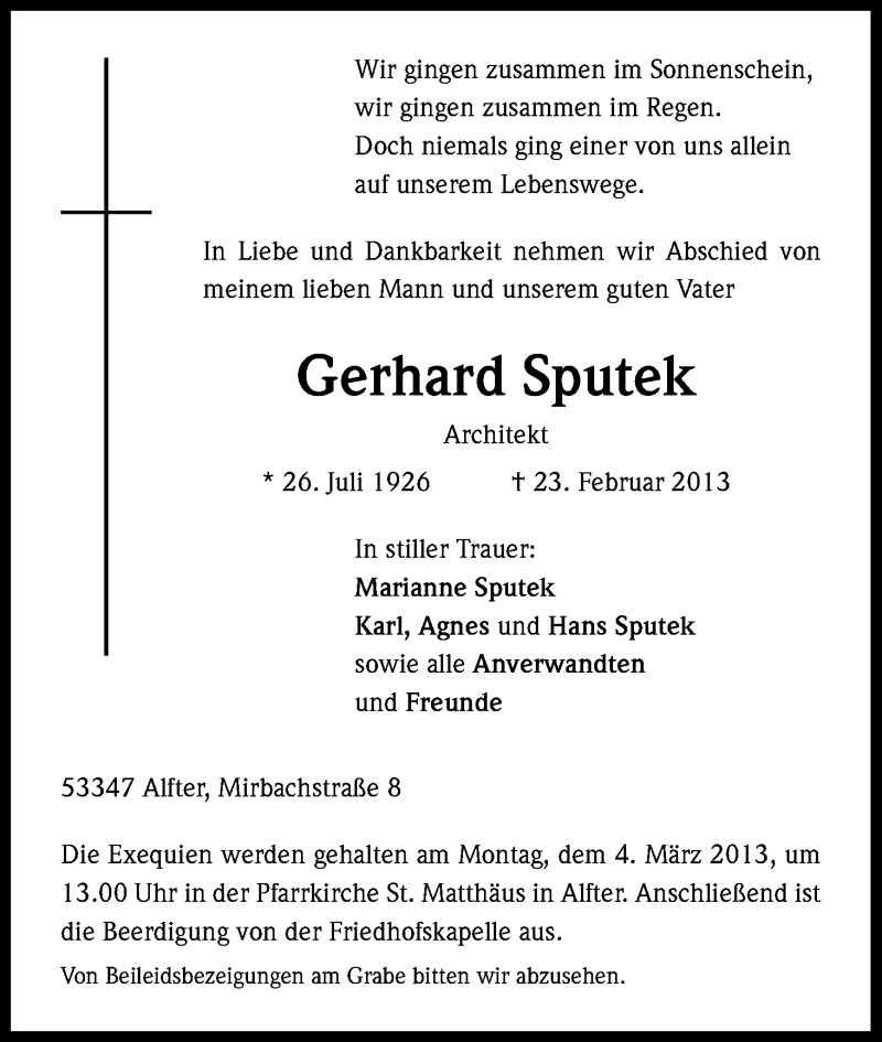  Traueranzeige für Gerhard Sputek vom 27.02.2013 aus Kölner Stadt-Anzeiger / Kölnische Rundschau / Express