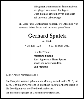 Anzeige von Gerhard Sputek von Kölner Stadt-Anzeiger / Kölnische Rundschau / Express