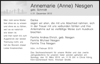 Anzeige von Annemarie Nesgen von Kölner Stadt-Anzeiger / Kölnische Rundschau / Express