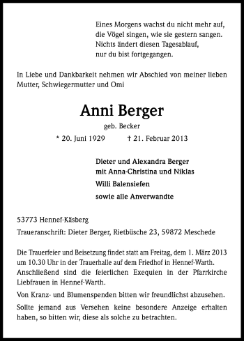 Anzeige von Anni Berger von Kölner Stadt-Anzeiger / Kölnische Rundschau / Express
