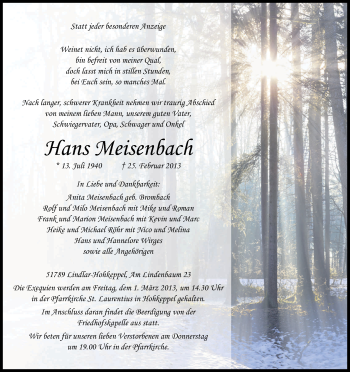 Anzeige von Hans Meisenbach von Kölner Stadt-Anzeiger / Kölnische Rundschau / Express