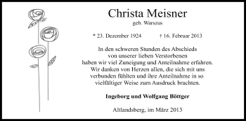 Anzeige von Christa Meisner von Kölner Stadt-Anzeiger / Kölnische Rundschau / Express