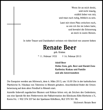 Anzeige von Renate Beer von Kölner Stadt-Anzeiger / Kölnische Rundschau / Express