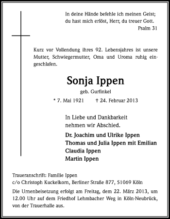 Anzeige von Sonja Ippen von Kölner Stadt-Anzeiger / Kölnische Rundschau / Express