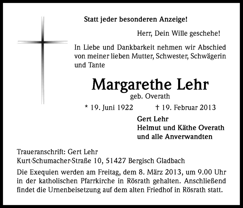  Traueranzeige für Margarethe Lehr vom 02.03.2013 aus Kölner Stadt-Anzeiger / Kölnische Rundschau / Express