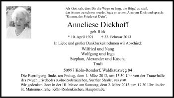 Anzeige von Anneliese Dickhoff von Kölner Stadt-Anzeiger / Kölnische Rundschau / Express