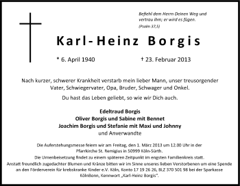 Anzeige von Karl-Heinz Borgis von Kölner Stadt-Anzeiger / Kölnische Rundschau / Express