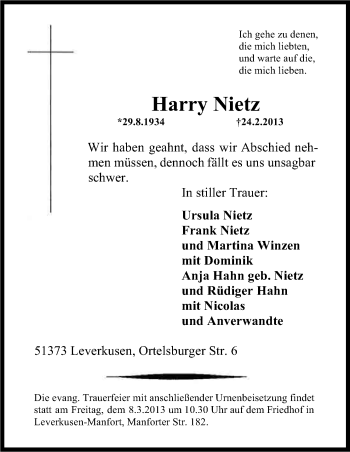 Anzeige von Harry Nietz von Kölner Stadt-Anzeiger / Kölnische Rundschau / Express