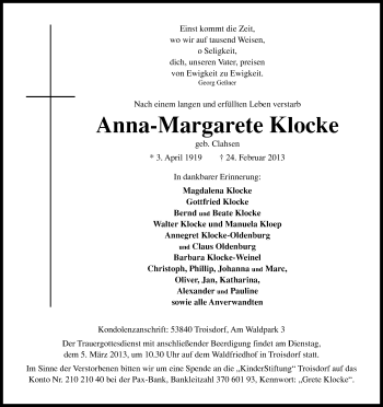 Anzeige von Anna-Margarete Klocke von Kölner Stadt-Anzeiger / Kölnische Rundschau / Express