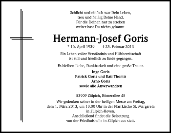 Anzeige von Hermann-Josef Goris von Kölner Stadt-Anzeiger / Kölnische Rundschau / Express