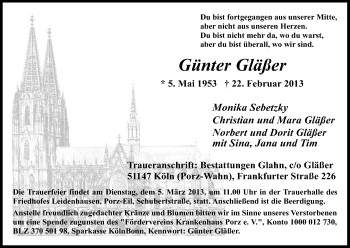 Anzeige von Günter Gläßer von Kölner Stadt-Anzeiger / Kölnische Rundschau / Express