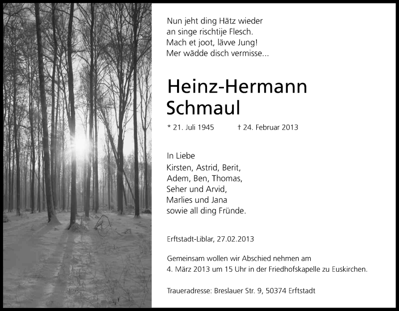  Traueranzeige für Heinz-Hermann Schmaul vom 27.02.2013 aus Kölner Stadt-Anzeiger / Kölnische Rundschau / Express