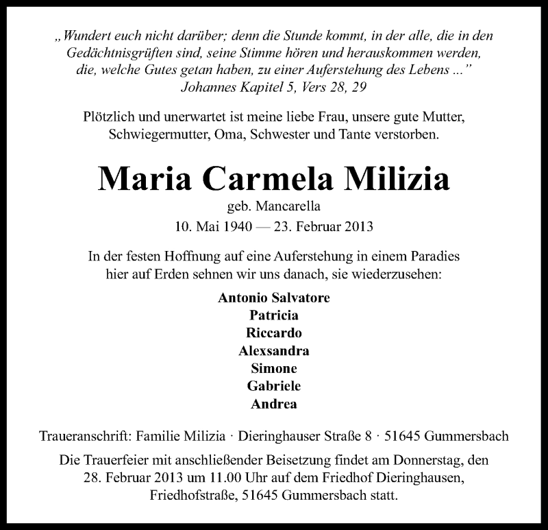  Traueranzeige für Maria Milizia vom 27.02.2013 aus Kölner Stadt-Anzeiger / Kölnische Rundschau / Express