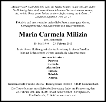 Anzeige von Maria Milizia von Kölner Stadt-Anzeiger / Kölnische Rundschau / Express