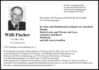 Anzeige von Willi Fischer von Kölner Stadt-Anzeiger / Kölnische Rundschau / Express