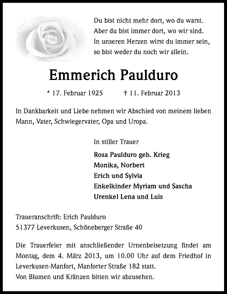  Traueranzeige für Emmerich Paulduro vom 27.02.2013 aus Kölner Stadt-Anzeiger / Kölnische Rundschau / Express