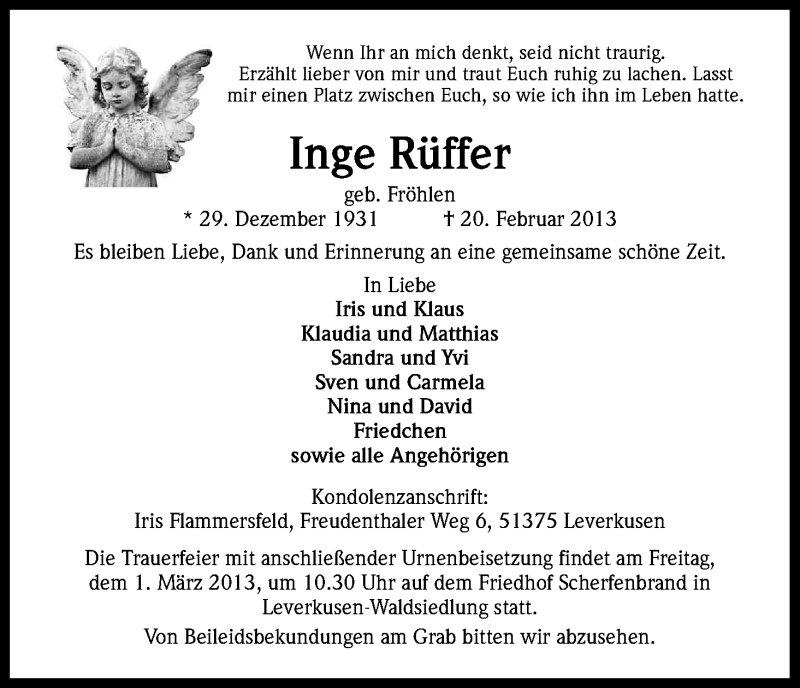  Traueranzeige für Inge Rüffer vom 27.02.2013 aus Kölner Stadt-Anzeiger / Kölnische Rundschau / Express