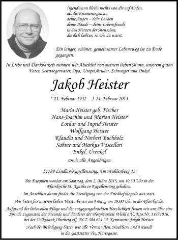 Anzeige von Jakob Heister von Kölner Stadt-Anzeiger / Kölnische Rundschau / Express