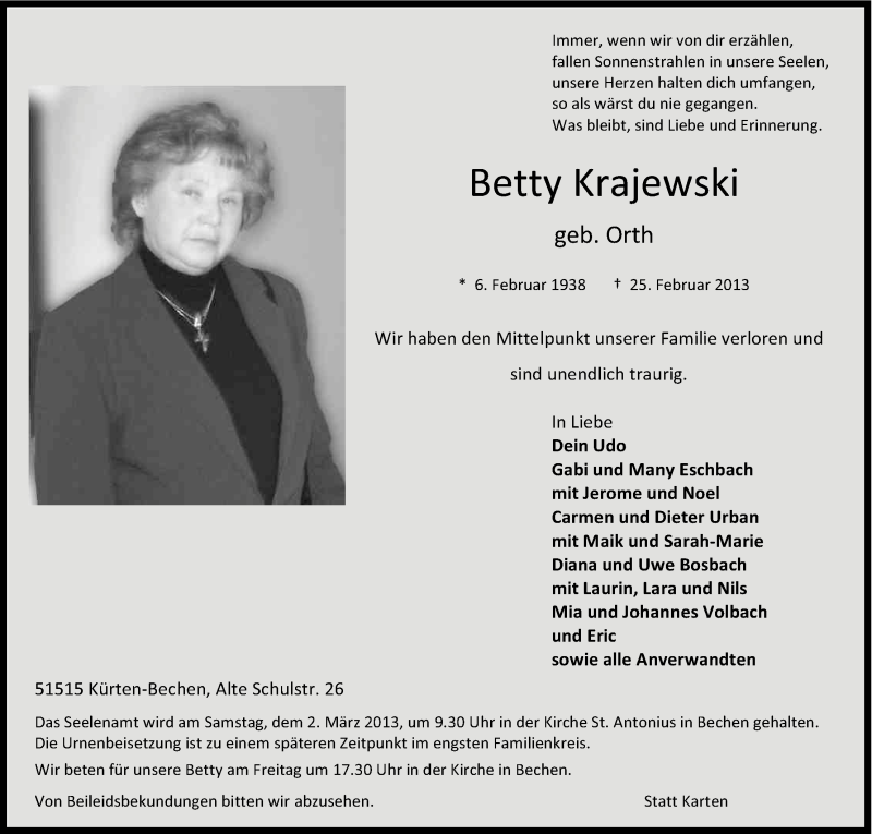  Traueranzeige für Betty Krajewski vom 27.02.2013 aus Kölner Stadt-Anzeiger / Kölnische Rundschau / Express