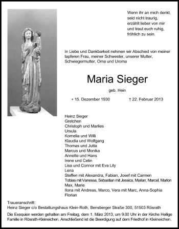 Anzeige von Maria Sieger von Kölner Stadt-Anzeiger / Kölnische Rundschau / Express