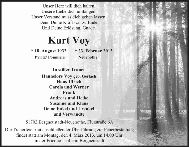  Traueranzeige für Kurt Voy vom 27.02.2013 aus Kölner Stadt-Anzeiger / Kölnische Rundschau / Express