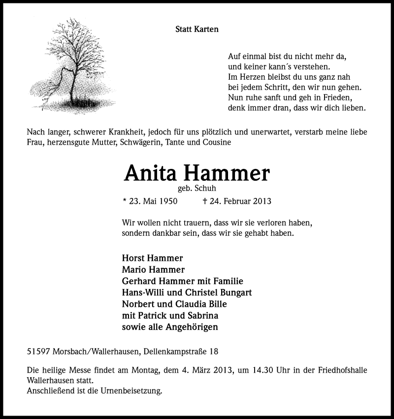  Traueranzeige für Anita Hammer vom 27.02.2013 aus Kölner Stadt-Anzeiger / Kölnische Rundschau / Express