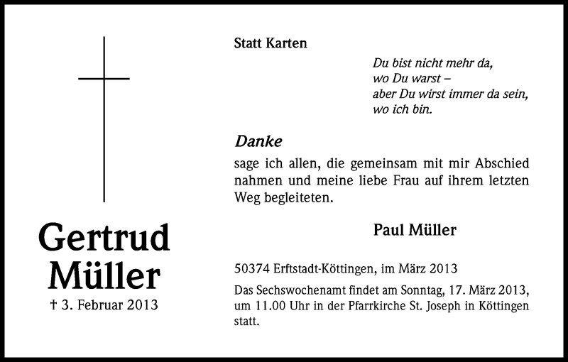  Traueranzeige für Gertrud Müller vom 13.03.2013 aus Kölner Stadt-Anzeiger / Kölnische Rundschau / Express