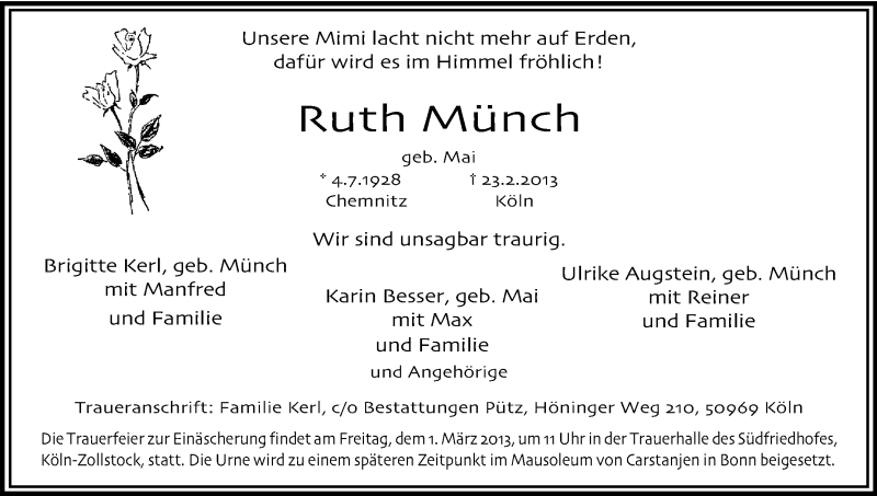  Traueranzeige für Ruth Münch vom 27.02.2013 aus Kölner Stadt-Anzeiger / Kölnische Rundschau / Express