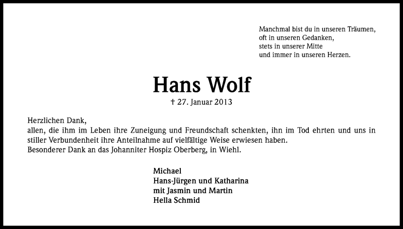  Traueranzeige für Hans Wolf vom 02.03.2013 aus Kölner Stadt-Anzeiger / Kölnische Rundschau / Express