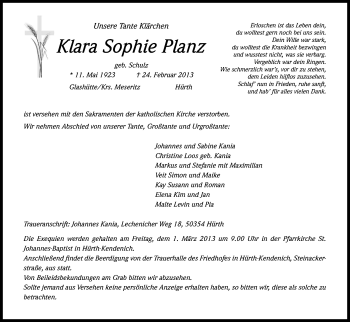 Anzeige von Klara Sophie Planz von Kölner Stadt-Anzeiger / Kölnische Rundschau / Express