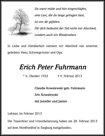 Anzeige von Erich Peter Fuhrmann von Kölner Stadt-Anzeiger / Kölnische Rundschau / Express
