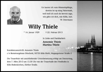 Anzeige von Willy Thiele von Kölner Stadt-Anzeiger / Kölnische Rundschau / Express