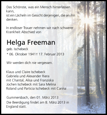 Anzeige von Helga Freeman von Kölner Stadt-Anzeiger / Kölnische Rundschau / Express