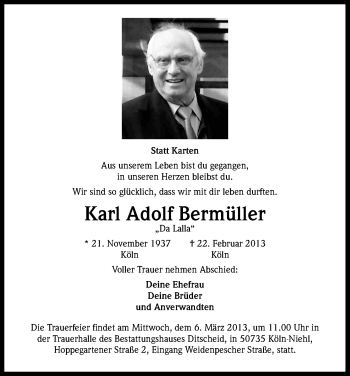 Anzeige von Karl Adolf Bermüller von Kölner Stadt-Anzeiger / Kölnische Rundschau / Express