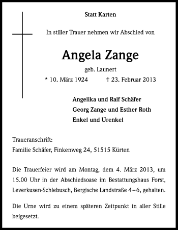 Anzeige von Angela Zange von Kölner Stadt-Anzeiger / Kölnische Rundschau / Express