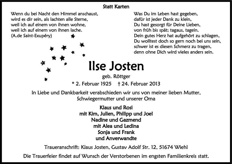  Traueranzeige für Ilse Josten vom 27.02.2013 aus Kölner Stadt-Anzeiger / Kölnische Rundschau / Express