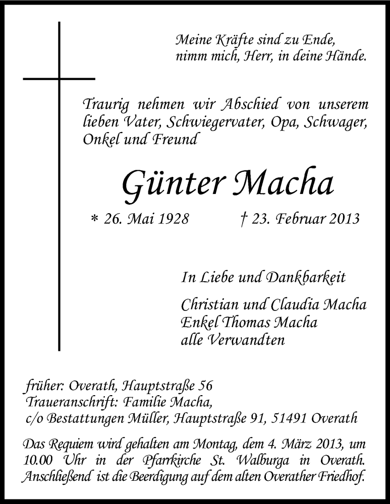  Traueranzeige für Günter Macha vom 28.02.2013 aus Kölner Stadt-Anzeiger / Kölnische Rundschau / Express