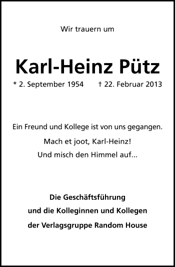 Anzeige von Karl-Heinz Pütz von Kölner Stadt-Anzeiger / Kölnische Rundschau / Express