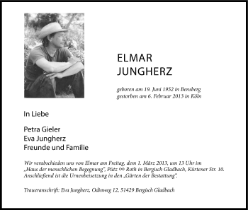 Anzeige von Elmar Jungherz von Kölner Stadt-Anzeiger / Kölnische Rundschau / Express