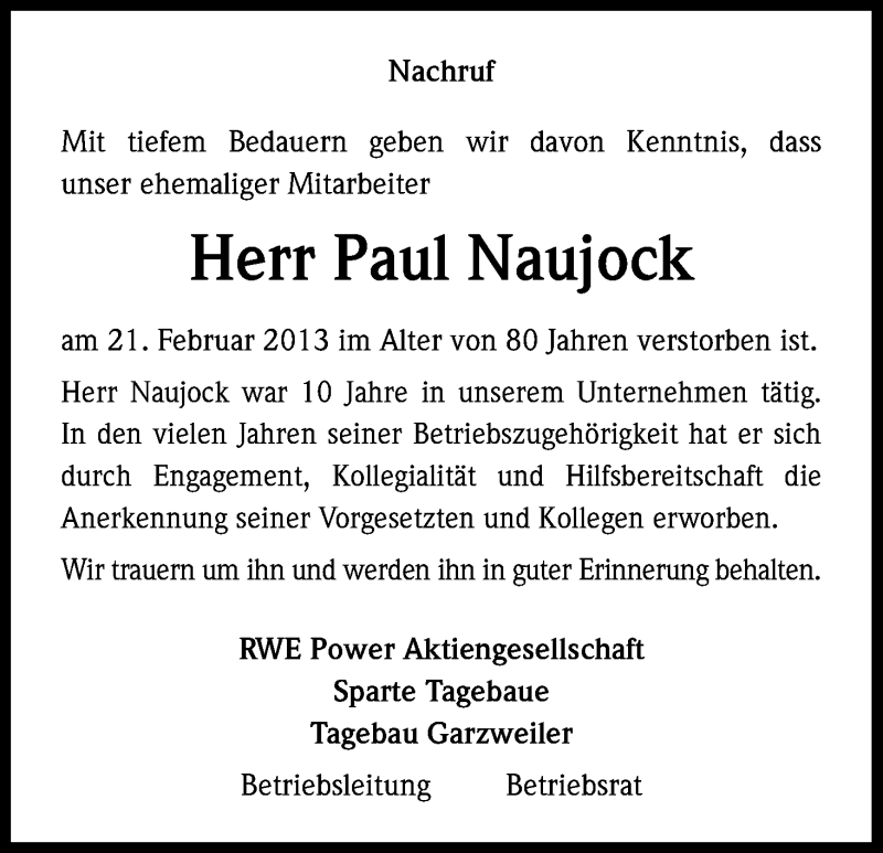  Traueranzeige für Paul Naujock vom 27.02.2013 aus Kölner Stadt-Anzeiger / Kölnische Rundschau / Express