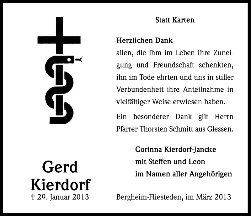  Traueranzeige für Gerd Kierdorf vom 02.03.2013 aus Kölner Stadt-Anzeiger / Kölnische Rundschau / Express