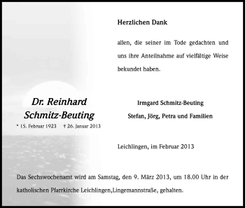 Anzeige von Reinhard Schmitz-Beuting von Kölner Stadt-Anzeiger / Kölnische Rundschau / Express