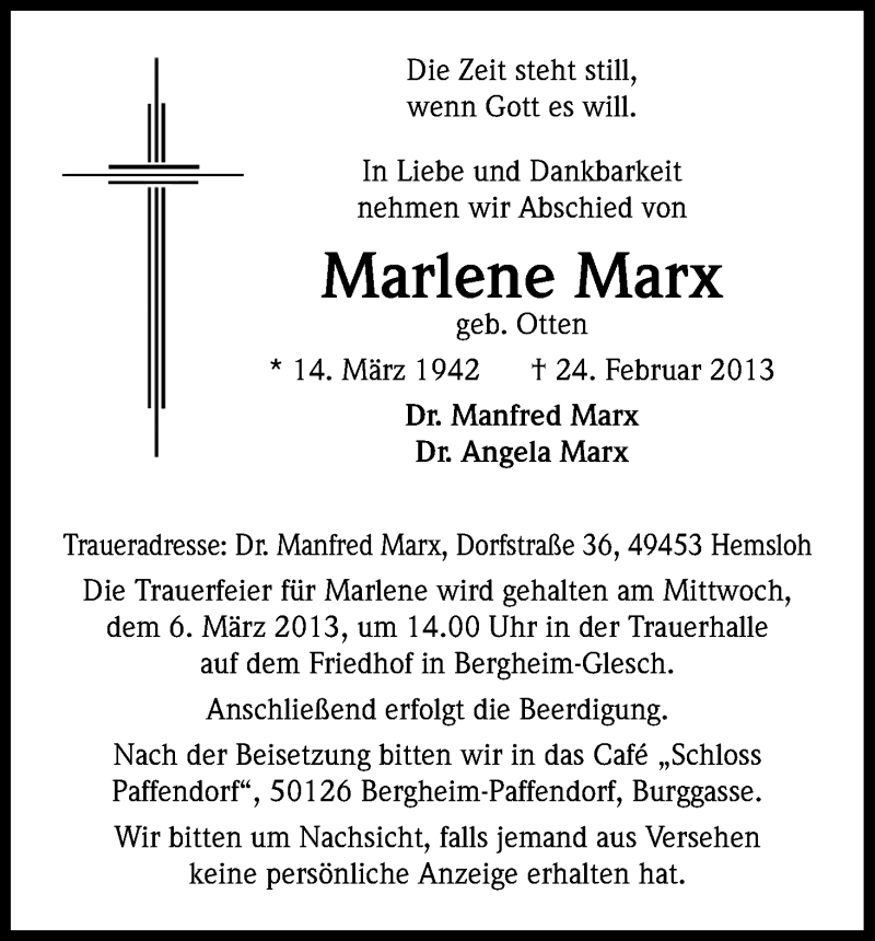  Traueranzeige für Marlene Marx vom 02.03.2013 aus Kölner Stadt-Anzeiger / Kölnische Rundschau / Express