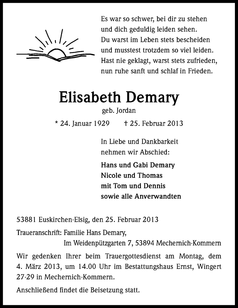  Traueranzeige für Elisabeth Demary vom 28.02.2013 aus Kölner Stadt-Anzeiger / Kölnische Rundschau / Express