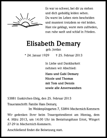 Anzeige von Elisabeth Demary von Kölner Stadt-Anzeiger / Kölnische Rundschau / Express