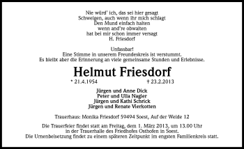 Anzeige von Helmut Friesdorf von Kölner Stadt-Anzeiger / Kölnische Rundschau / Express