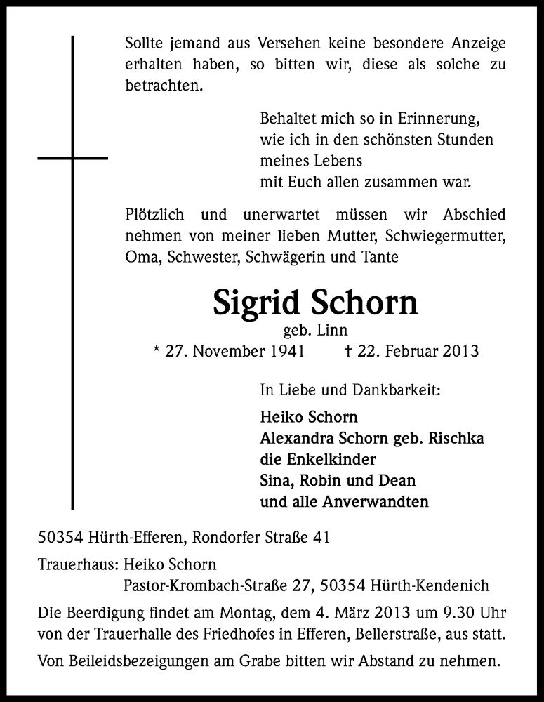  Traueranzeige für Sigrid Schorn vom 28.02.2013 aus Kölner Stadt-Anzeiger / Kölnische Rundschau / Express