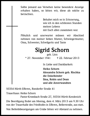 Anzeige von Sigrid Schorn von Kölner Stadt-Anzeiger / Kölnische Rundschau / Express