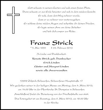 Anzeige von Franz Strick von Kölner Stadt-Anzeiger / Kölnische Rundschau / Express